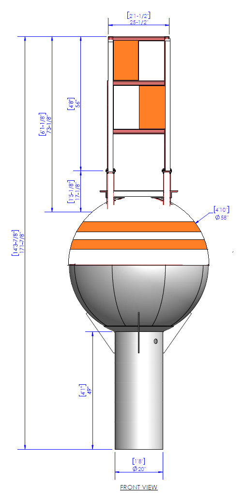 58/14 buoy front view drawing: 58 in steel hull, 171-7/8 in overall height, 25-1/2 in dayboard tower and 20 in x 49 in counterweight tube