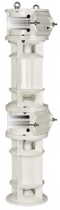 LIEX 710/22 2 mile marine fog signal, a white cast aluminum fog horn with two stacked emitters