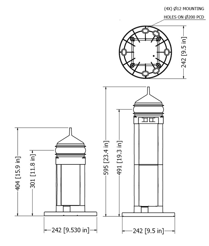 SC35 LED marine lantern dimension drawing: SS 404 mm (15.9 in) tall, LS 595 mm (23.4 in) tall, 242 mm (9.5 in) base, four 12 mm mounting holes on a 200 mm PCD