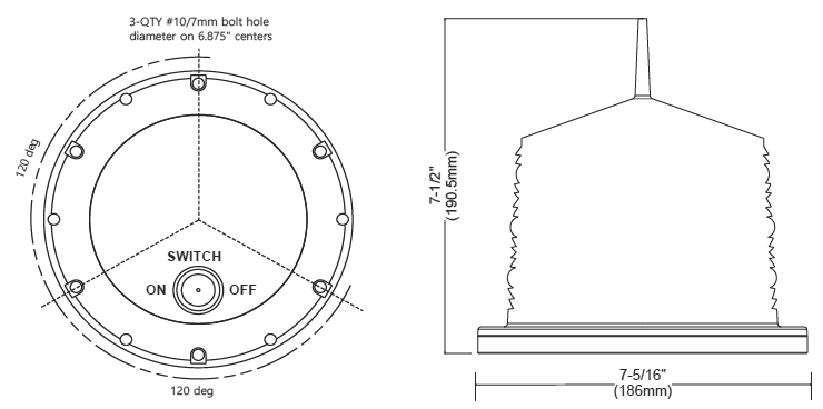 WT-Flash-2 solar LED buoy light base and housing drawing: three #10 (7 mm) bolt holes on 6.875 in centers 120° apart, ON/OFF switch, 7-1/2 in (190.5 mm) tall, 7-5/16 in (186 mm) wide