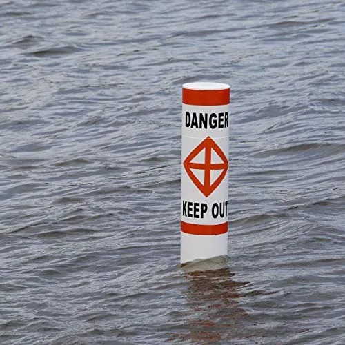SP 10/60 polyethylene spar buoy with DANGER KEEP OUT markings, made in the USA